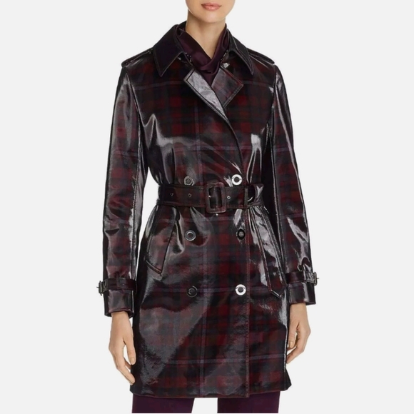 Elie Tahari Womens Natania Leather Trench Coat Coated Flannel